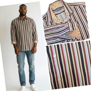 Thomas Dean Striped Button Down Shirt Multi Color Paisley Trim Cotton Mens XL